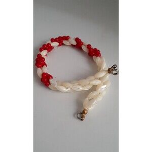 Mother of Pearl and red bead braided twist bracelet